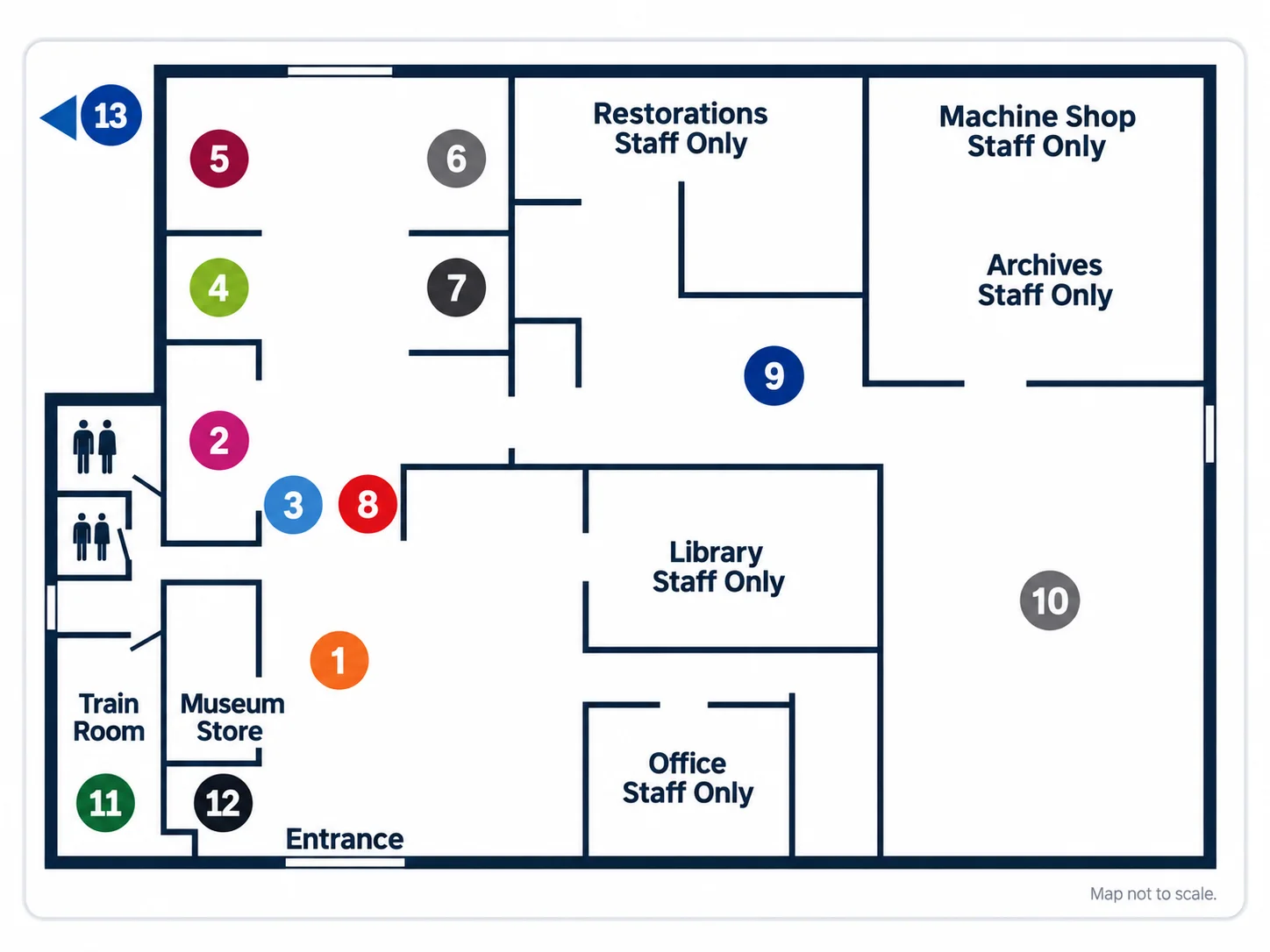 Map of the Moffett Field Museum showing tour stops and visitor areas